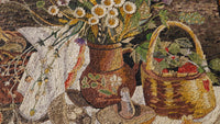 Intricate mosaic artwork featuring a rustic terracotta pot filled with vibrant flowers alongside a woven basket of strawberries