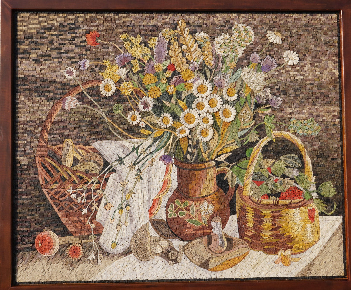 Vibrant floral mosaic artwork featuring daisies and wildflowers in rustic baskets — intricate detailing and rich textures.