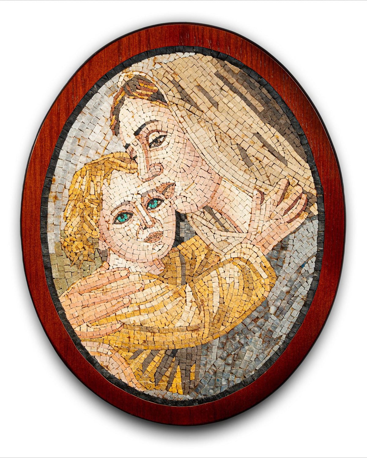 Intricate mosaic artwork depicting a mother and child in warm tones — framed in a polished wooden oval for elegance.