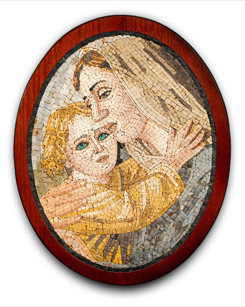 Intricate mosaic artwork depicting a mother and child in warm tones — framed in a polished wooden oval for elegance.