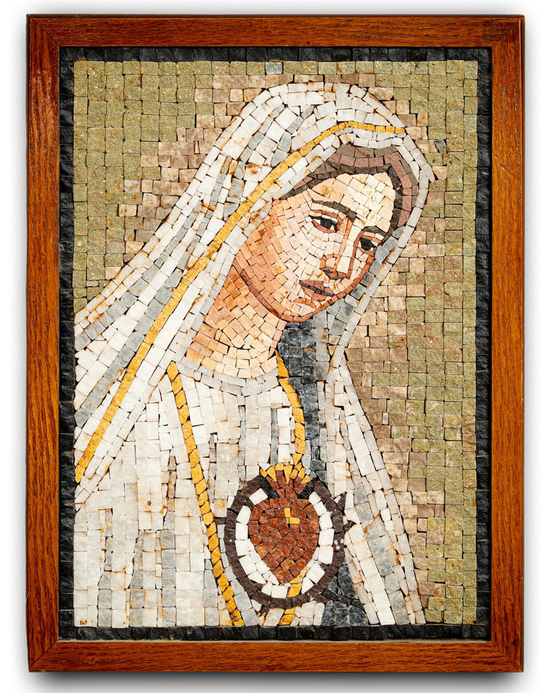 Intricate mosaic art depicting a serene figure with a heart pendant, framed in rich wooden tones and soft natural light.