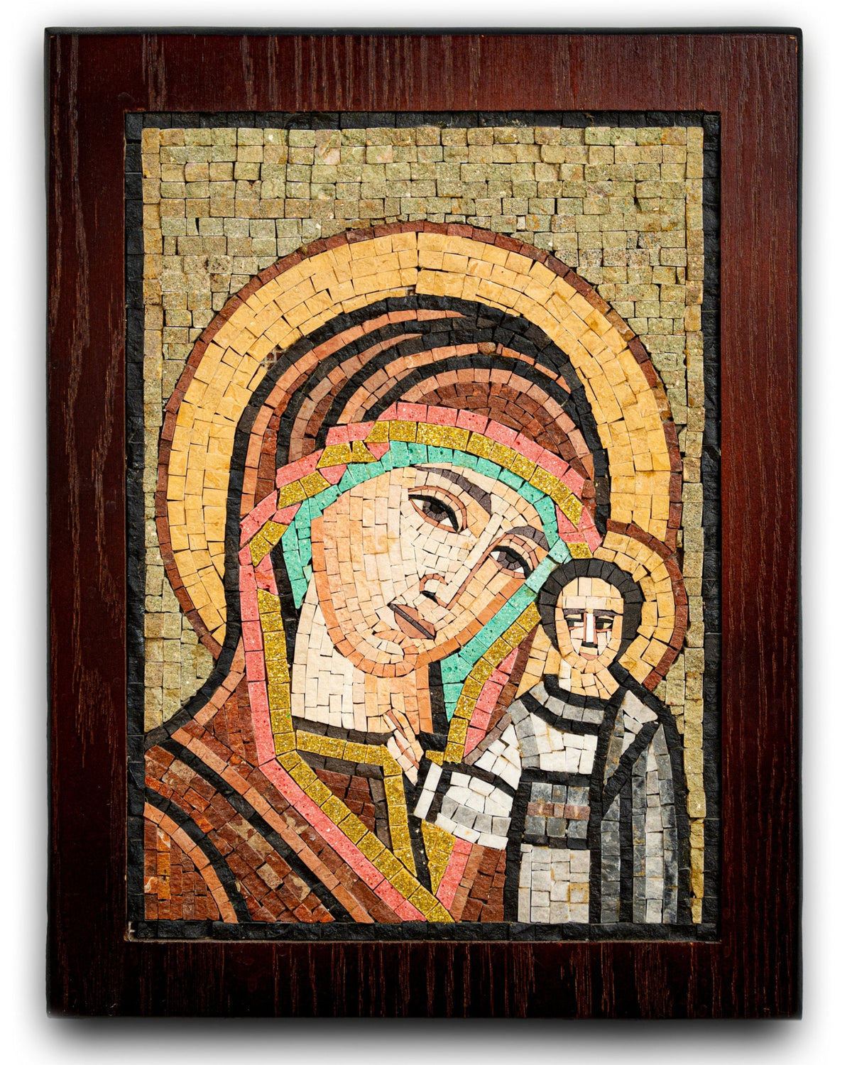Intricate mosaic artwork depicting a serene mother and child in warm earthy tones — crafted with vibrant ceramic tiles.