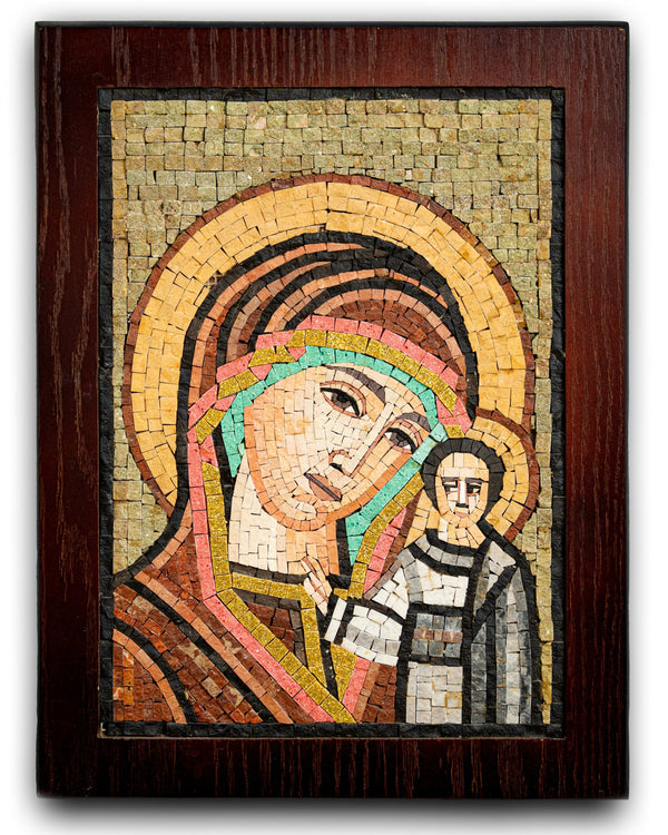 Intricate mosaic artwork depicting a serene mother and child in warm earthy tones — crafted with vibrant ceramic tiles.