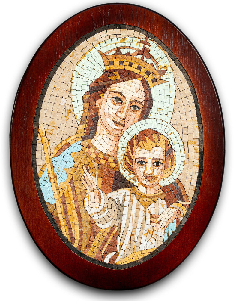 Intricate mosaic artwork featuring a religious scene of a mother and child, framed in a polished wooden oval.