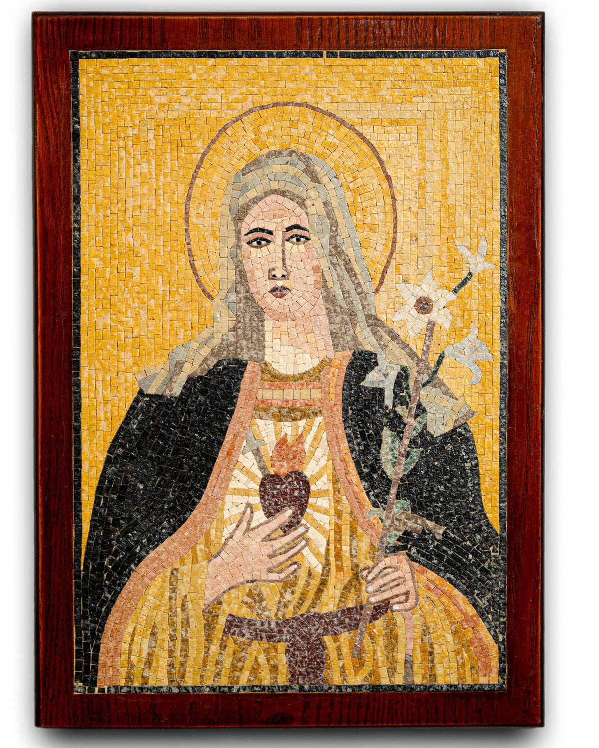 Intricate mosaic artwork depicting a saint with a heart and flower, framed in rich wood against a vibrant yellow background.