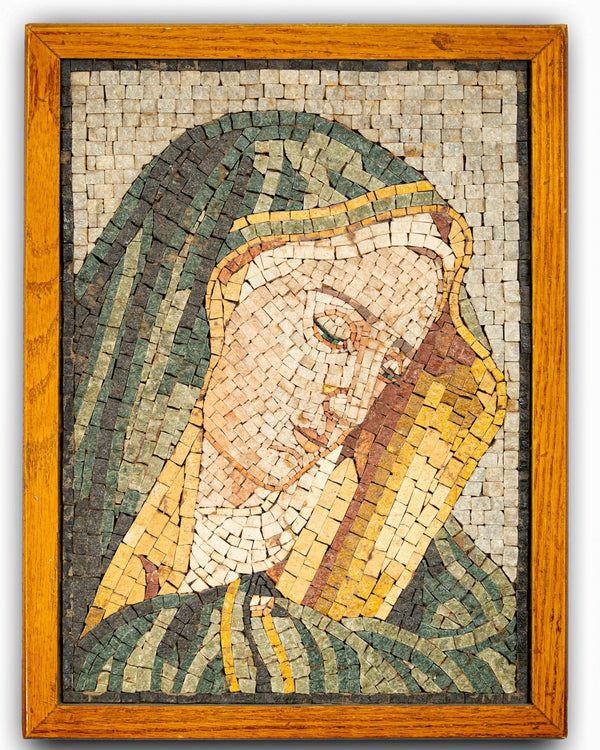 Intricate mosaic art piece featuring a serene figure with earthy tones framed in a warm wooden border.