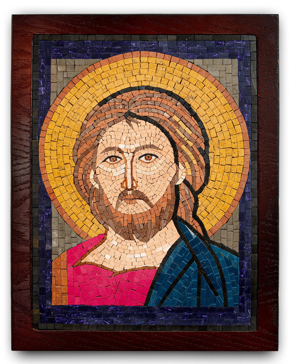 Intricate mosaic artwork depicting a serene figure with a golden halo — vibrant tiles create detailed facial features and robes.