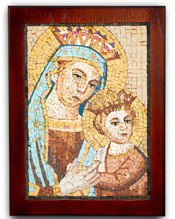 Intricate mosaic artwork depicting a serene Virgin Mary and child, framed in rich mahogany with detailed ceramic tiles.