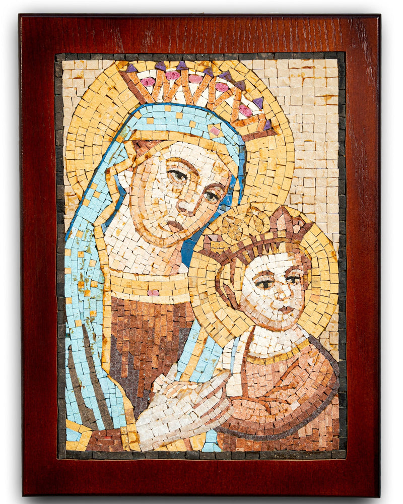 Intricate mosaic artwork depicting a serene Virgin Mary and child, framed in rich mahogany with detailed ceramic tiles.