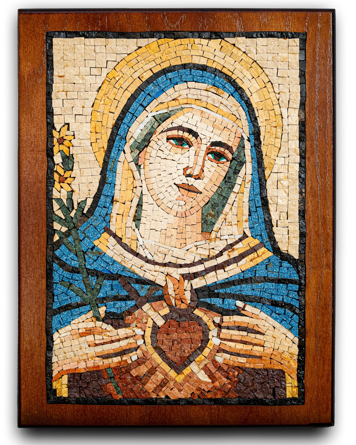 Intricate mosaic artwork depicting a serene figure with a heart, featuring vibrant blue and earthy tones on a wooden frame.