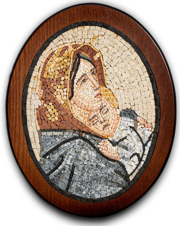 Intricate mosaic wall art depicting a mother and child, set in a polished wooden frame with warm, earthy tones.