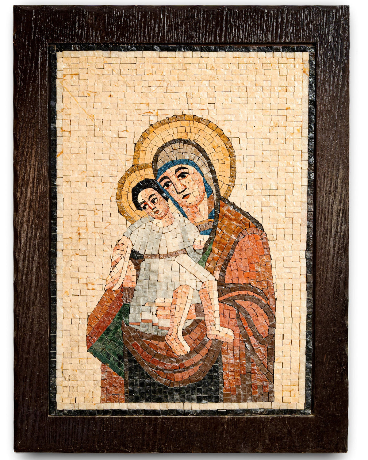 Intricate mosaic art featuring a mother and child, framed in dark wood with warm earthy tones and detailed textures.