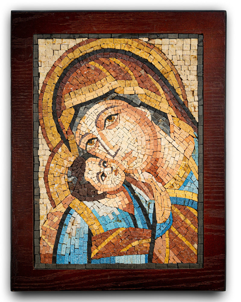 Intricate mosaic artwork depicting a tender mother and child scene, featuring vibrant colors and detailed craftsmanship.