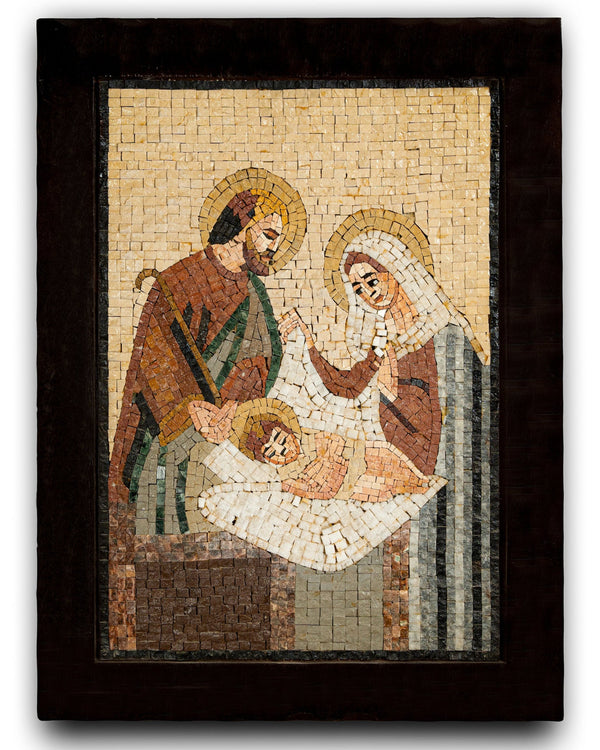 Intricate mosaic artwork featuring a serene scene of Mary and Joseph with the baby Jesus, crafted with natural stone tiles.
