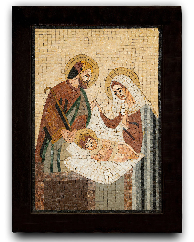 Intricate mosaic artwork featuring a serene scene of Mary and Joseph with the baby Jesus, crafted with natural stone tiles.