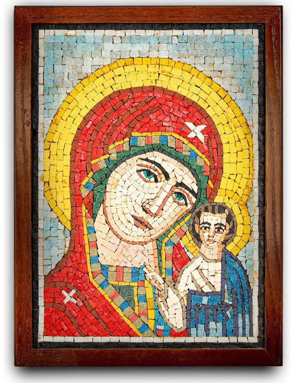 Intricate mosaic artwork featuring a Virgin Mary and child, with vibrant colors and a wooden frame enhancing its elegance.