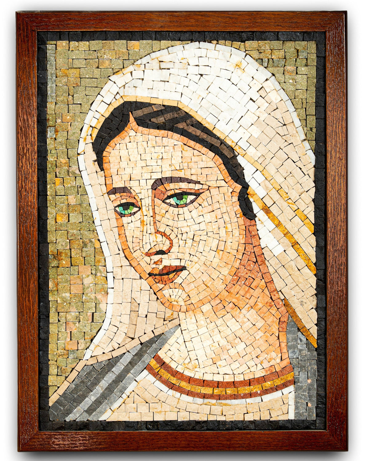 Intricate mosaic artwork depicting a serene figure with green eyes, framed in rich wooden borders for a classic touch.