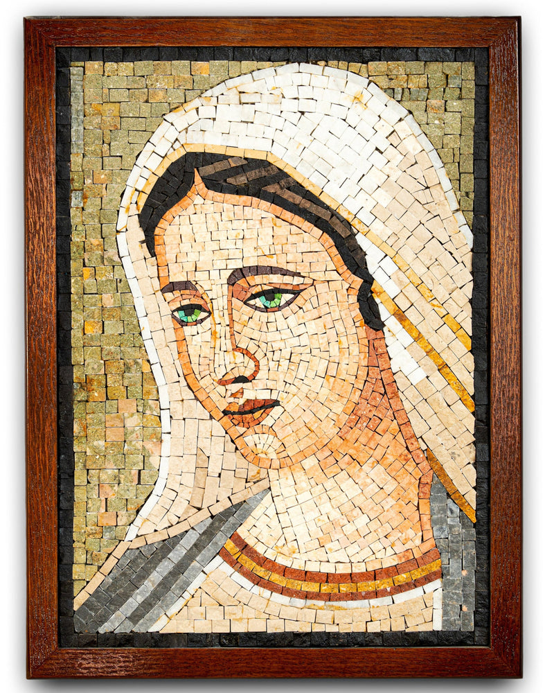 Intricate mosaic artwork depicting a serene figure with green eyes, framed in rich wooden borders for a classic touch.
