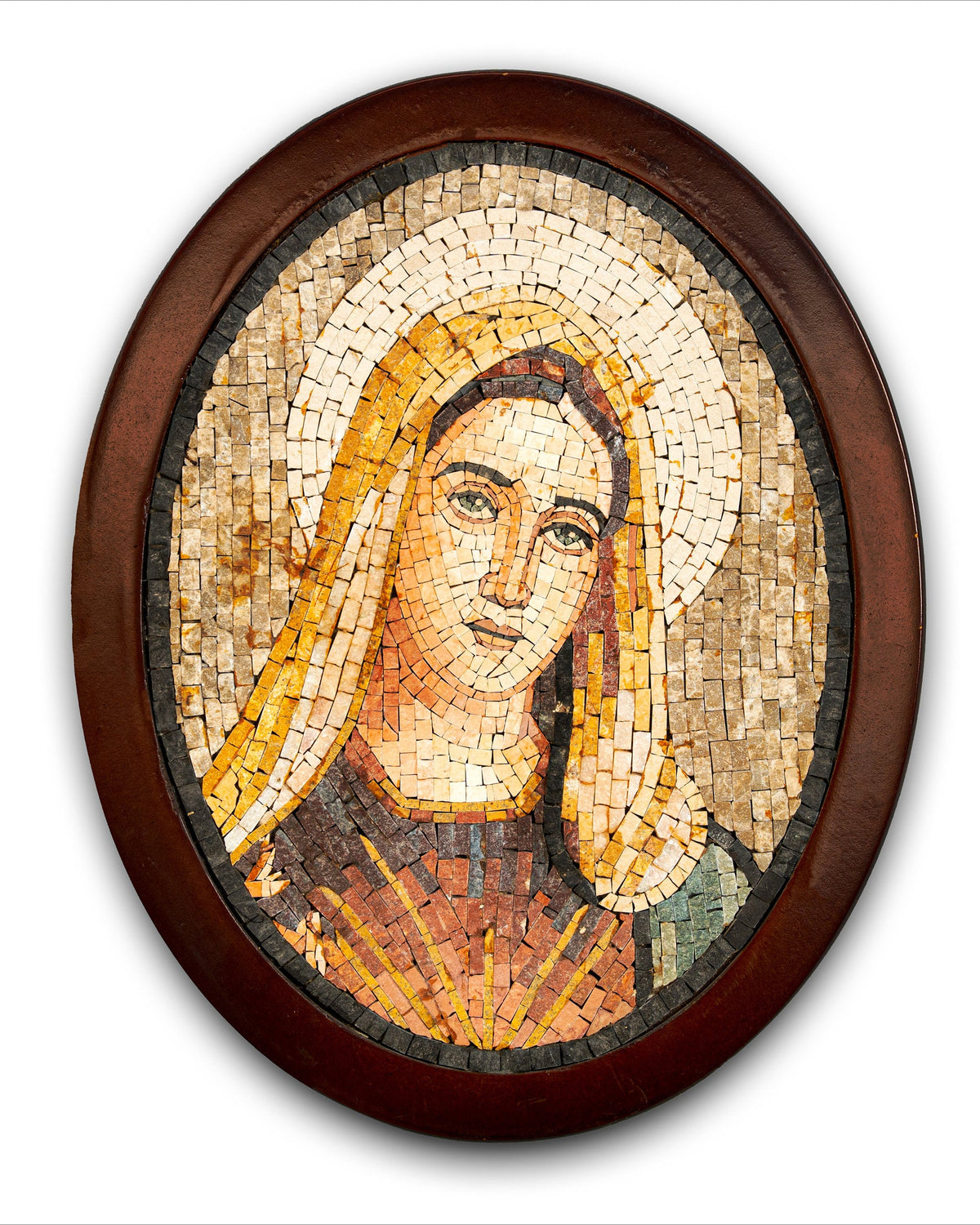 Intricate mosaic artwork featuring a serene figure with a golden halo set in a rich wooden frame — a stunning blend of artistry and craftsmanship.