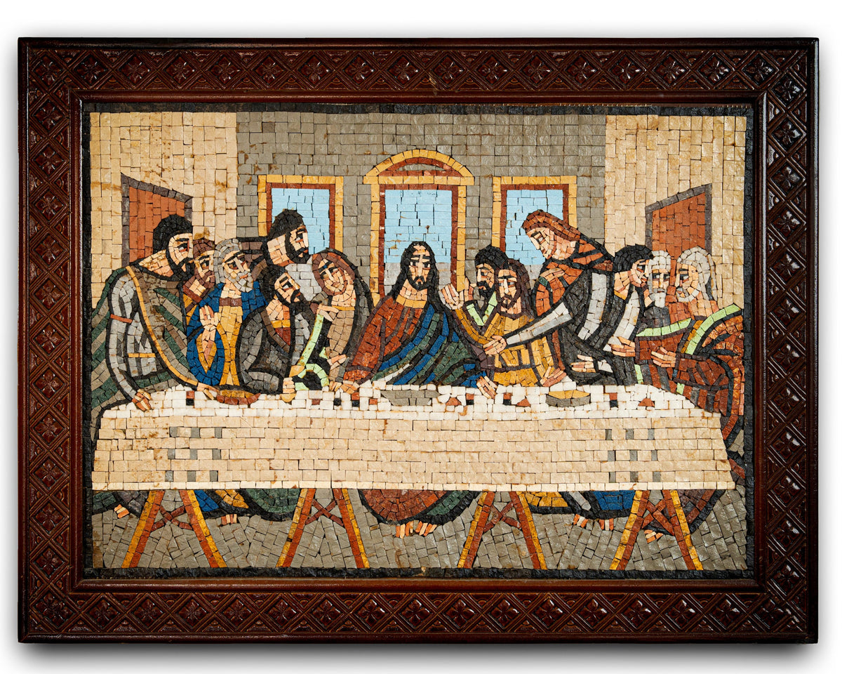 Intricate mosaic artwork depicting a historical scene with vibrant tiles — a detailed representation of The Last Supper.