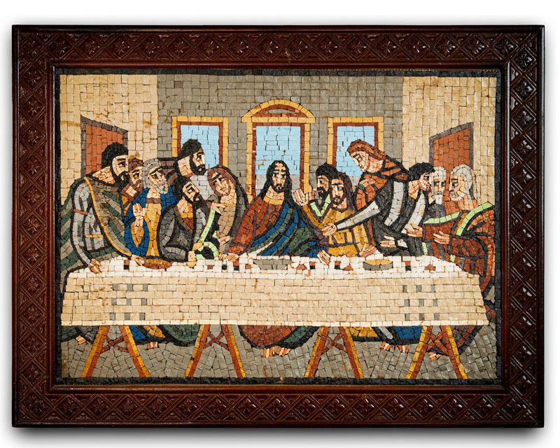 Intricate mosaic artwork depicting a historical scene with vibrant tiles — a detailed representation of The Last Supper.