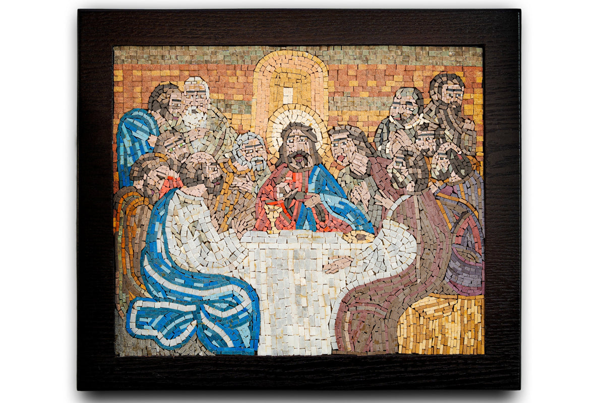 Intricate mosaic artwork depicting the Last Supper with vibrant colors and detailed textures framed in black wood