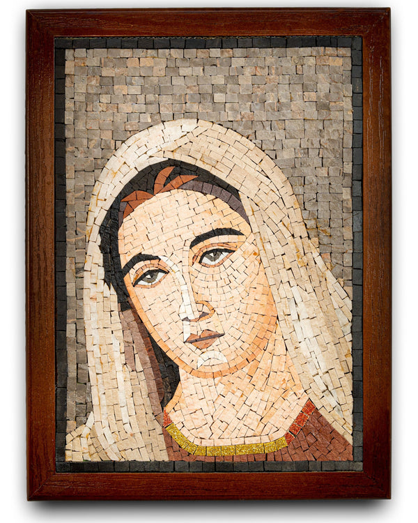 Intricate mosaic artwork featuring a serene face framed in dark wood — detailed craftsmanship with muted earth tones.
