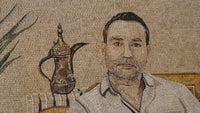 Default Title displayed as a detailed mosaic portrait featuring a man beside an ornate brass coffee pot on a textured background.