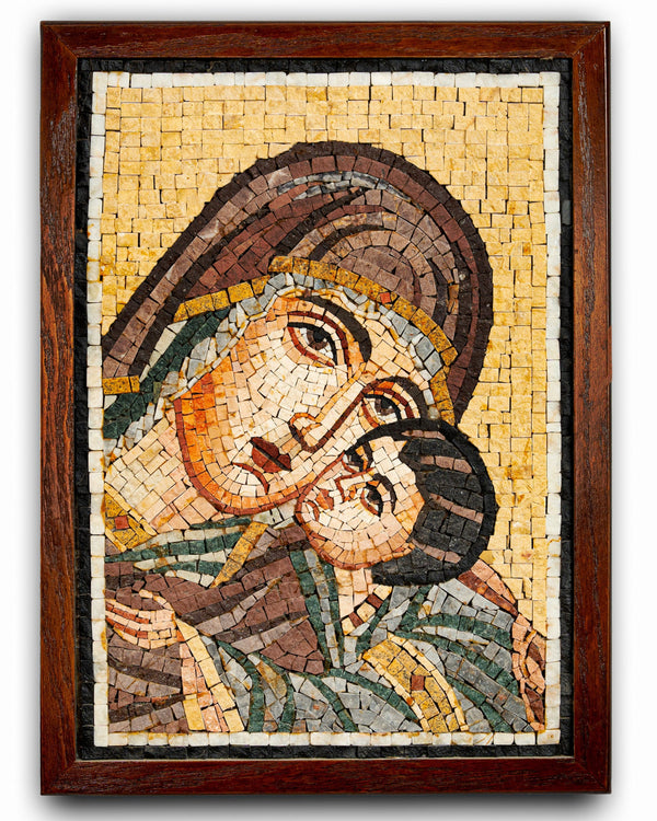 Intricate mosaic artwork depicting a mother and child in earthy tones — crafted from natural stone with a textured finish.