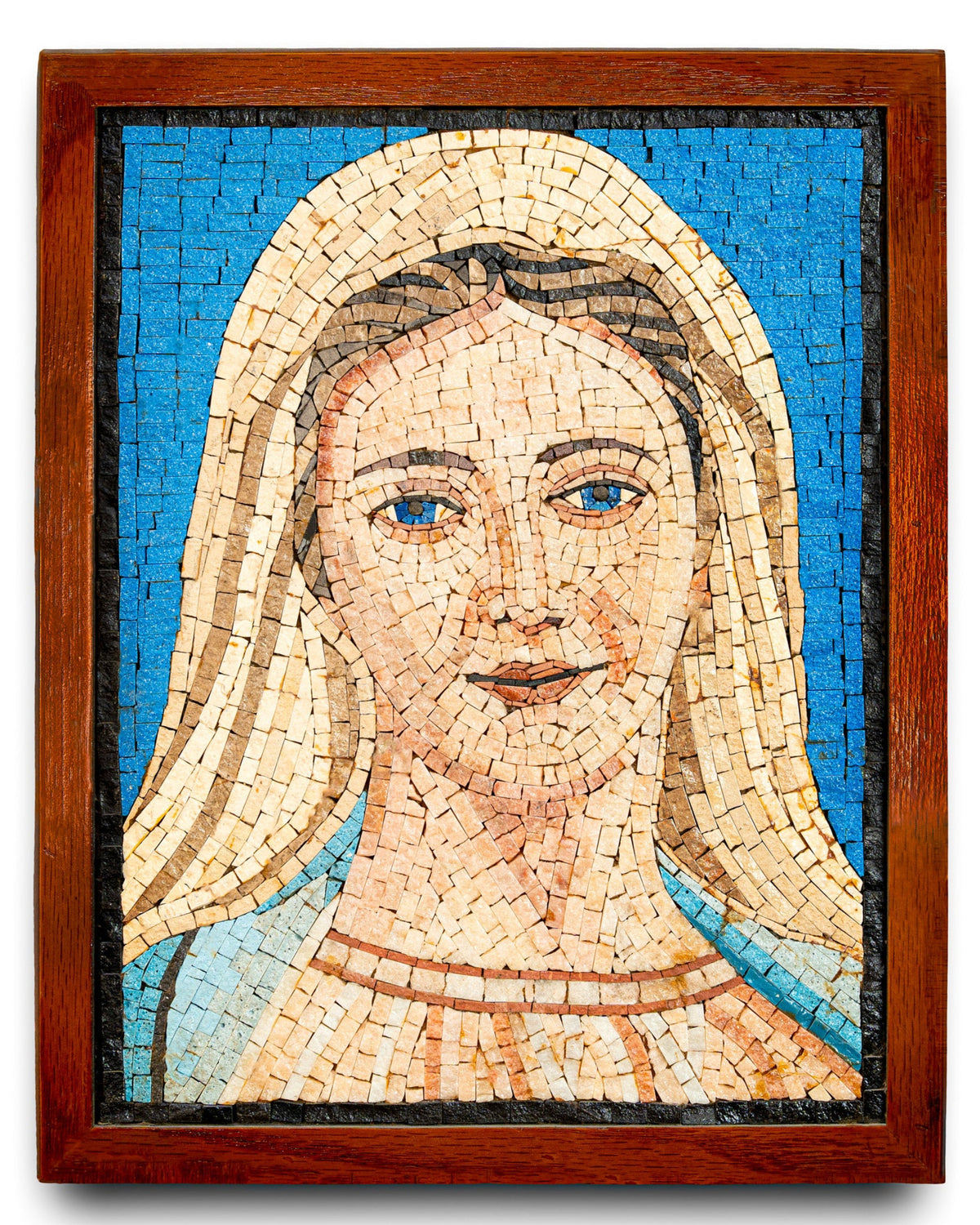 Intricate mosaic wall art featuring a serene figure with blue eyes, set against a vibrant blue background and wooden frame.