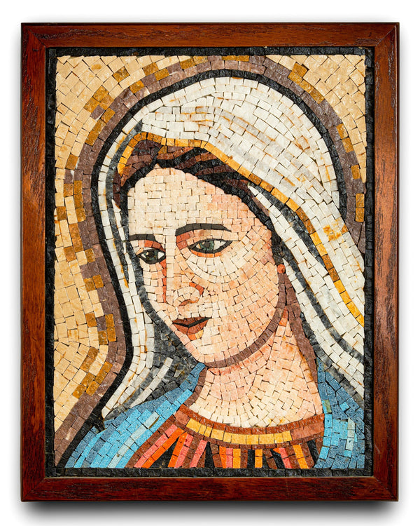 Intricate mosaic artwork depicting a serene figure with a soft expression, framed in rich wood for a classic touch.