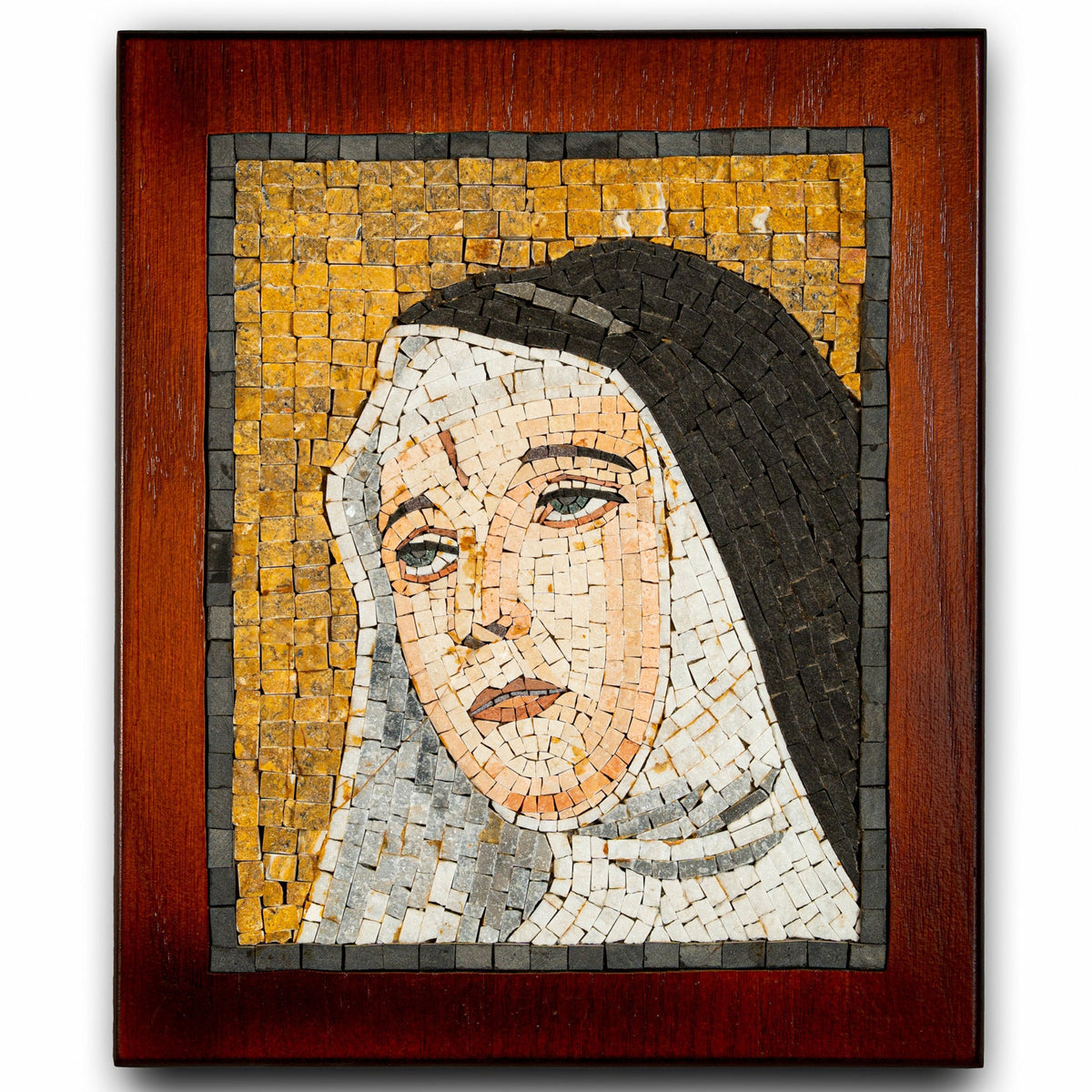 Intricate mosaic art piece featuring a contemplative nun's face with golden and white tiles set against a wooden frame