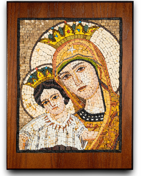 Intricate mosaic art depicting a mother and child in warm earth tones — handcrafted design set in a wooden frame