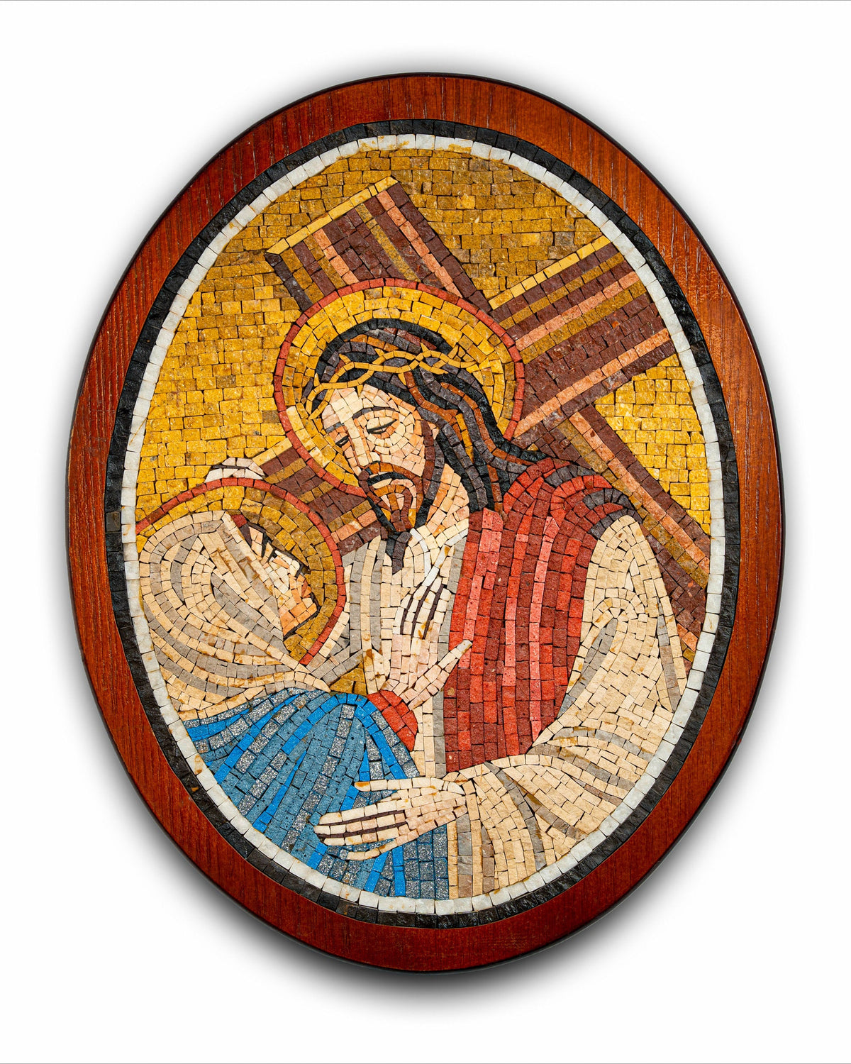 Intricate mosaic artwork depicting Jesus embracing Mary, framed in an oval wooden border with warm tones.