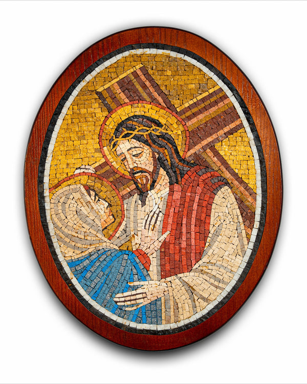 Intricate mosaic artwork depicting Jesus embracing Mary, framed in an oval wooden border with warm tones.