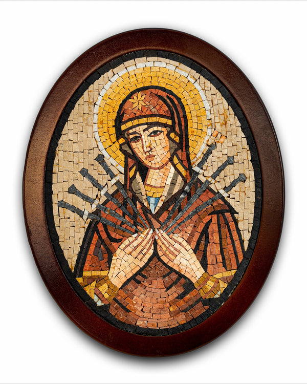 Intricate mosaic art piece depicting a figure with a halo, set in a wooden frame — vibrant colors and detailed craftsmanship.