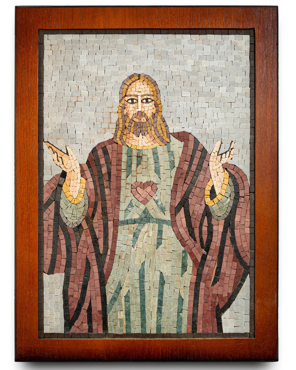 Intricate mosaic artwork depicting a figure with a heart — detailed craftsmanship in muted earth tones framed elegantly.