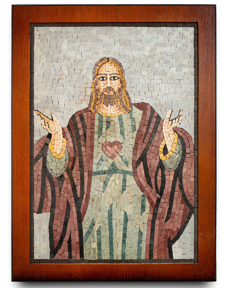 Intricate mosaic artwork depicting a figure with a heart — detailed craftsmanship in muted earth tones framed elegantly.
