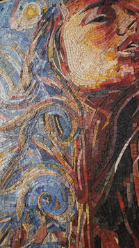 Vibrant mosaic artwork featuring an abstract figure with swirling patterns and rich colors, showcasing intricate tile craftsmanship.