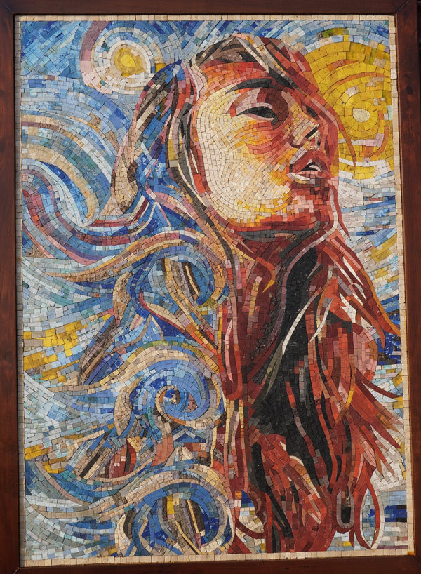 Vibrant mosaic artwork featuring a woman's face with flowing hair, rich colors blending into a sunlit background.