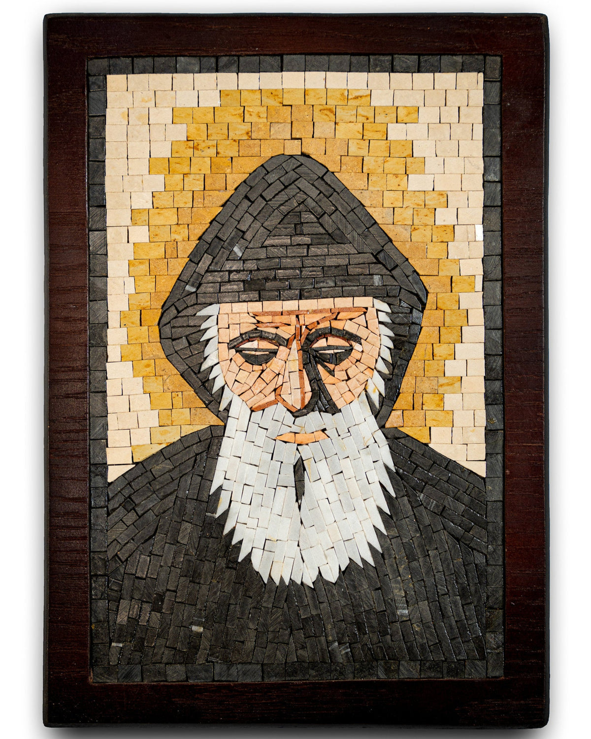 Intricate mosaic artwork depicting a wise figure with a hood and white beard, set against a golden halo background.