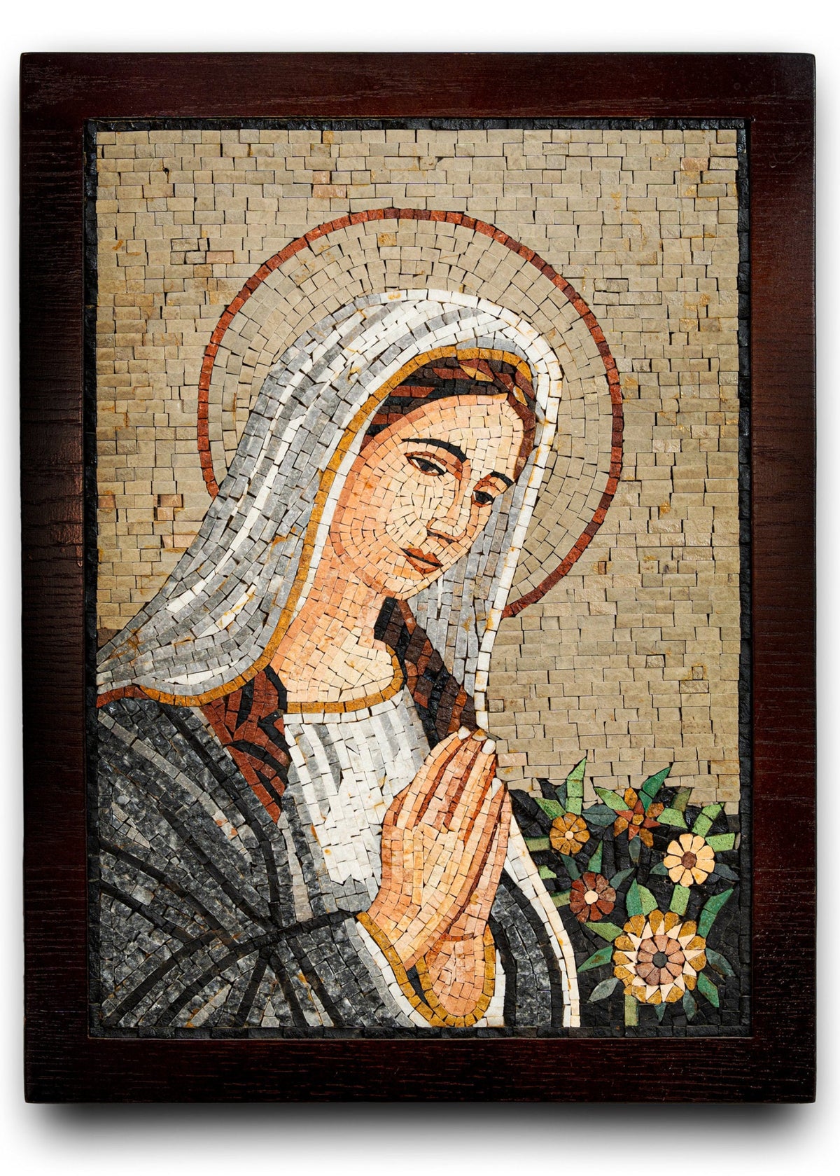 Intricate mosaic artwork depicting a praying figure with a serene expression, framed in dark wood with floral details.