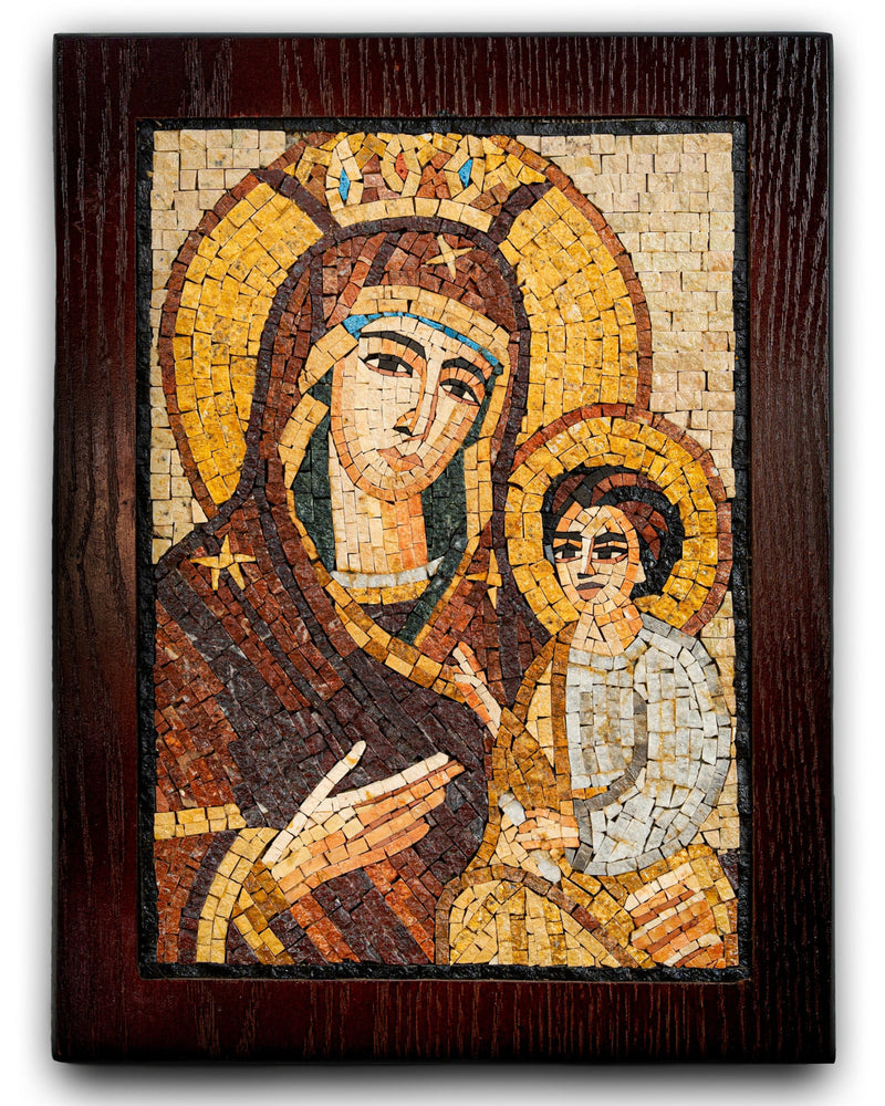Intricate mosaic artwork depicting the Virgin Mary holding the Christ child, framed in rich dark wood with warm tones.