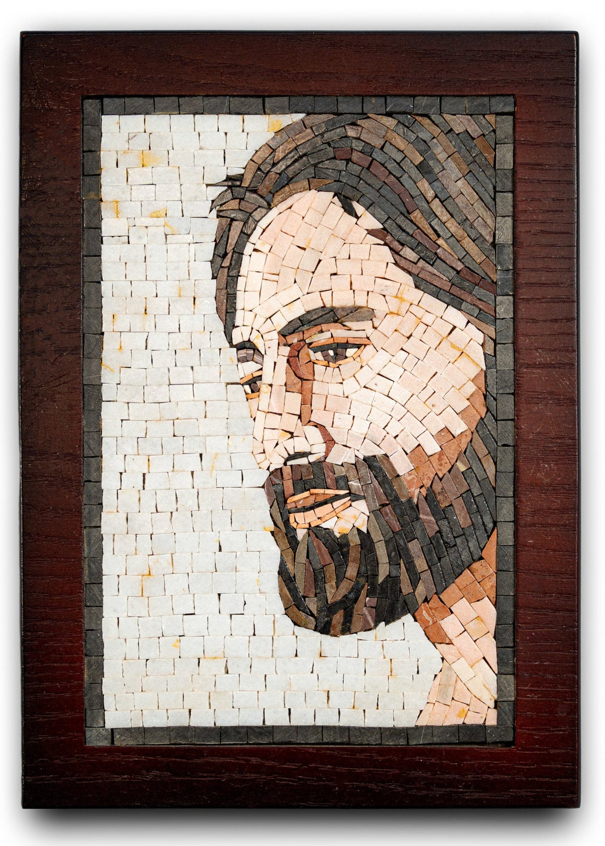 Intricate mosaic artwork depicting a serene face with a detailed beard, framed in rich mahogany wood.