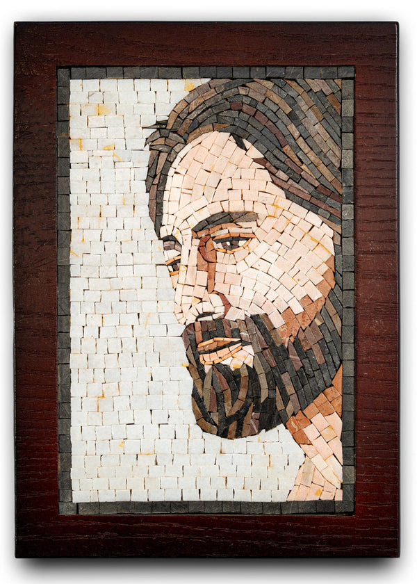 Intricate mosaic artwork depicting a serene face with a detailed beard, framed in rich mahogany wood.