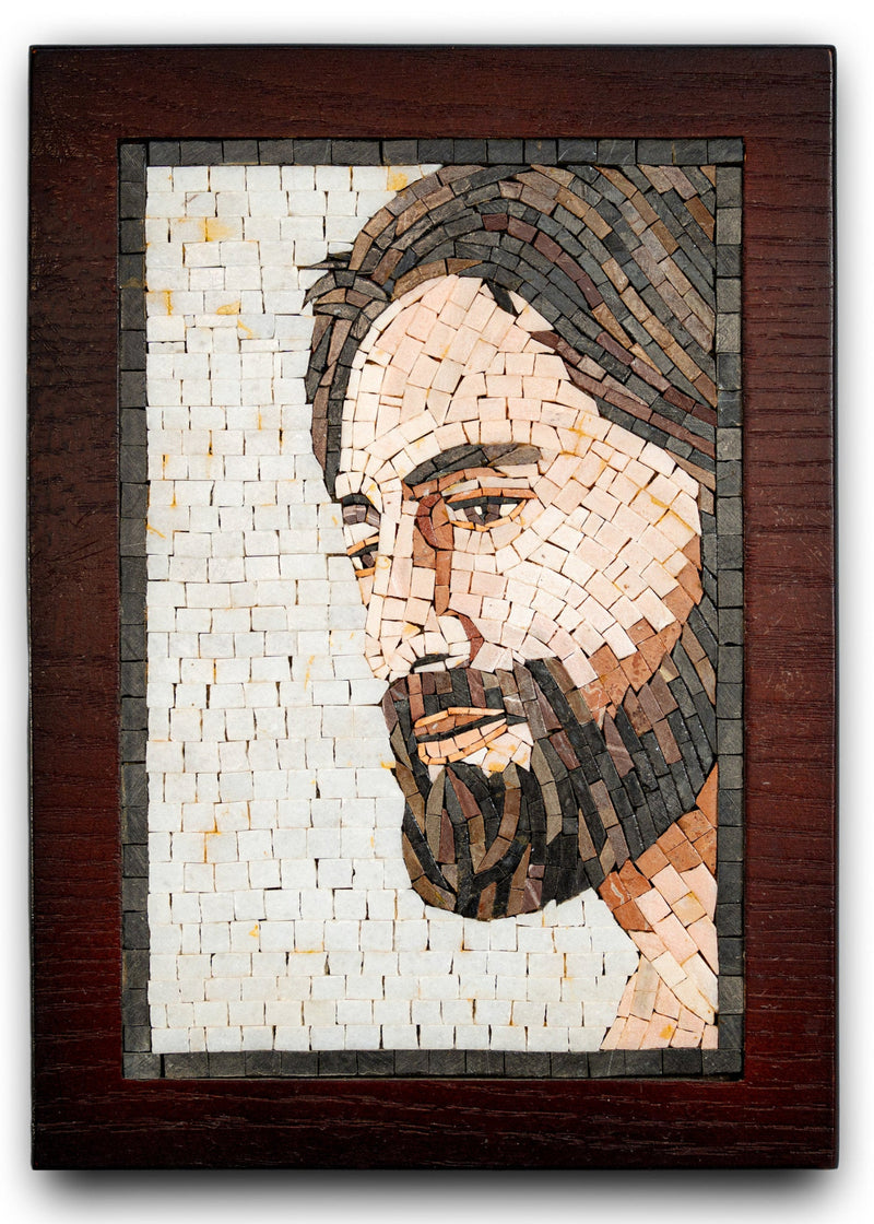 Intricate mosaic artwork depicting a serene face with a detailed beard, framed in rich mahogany wood.