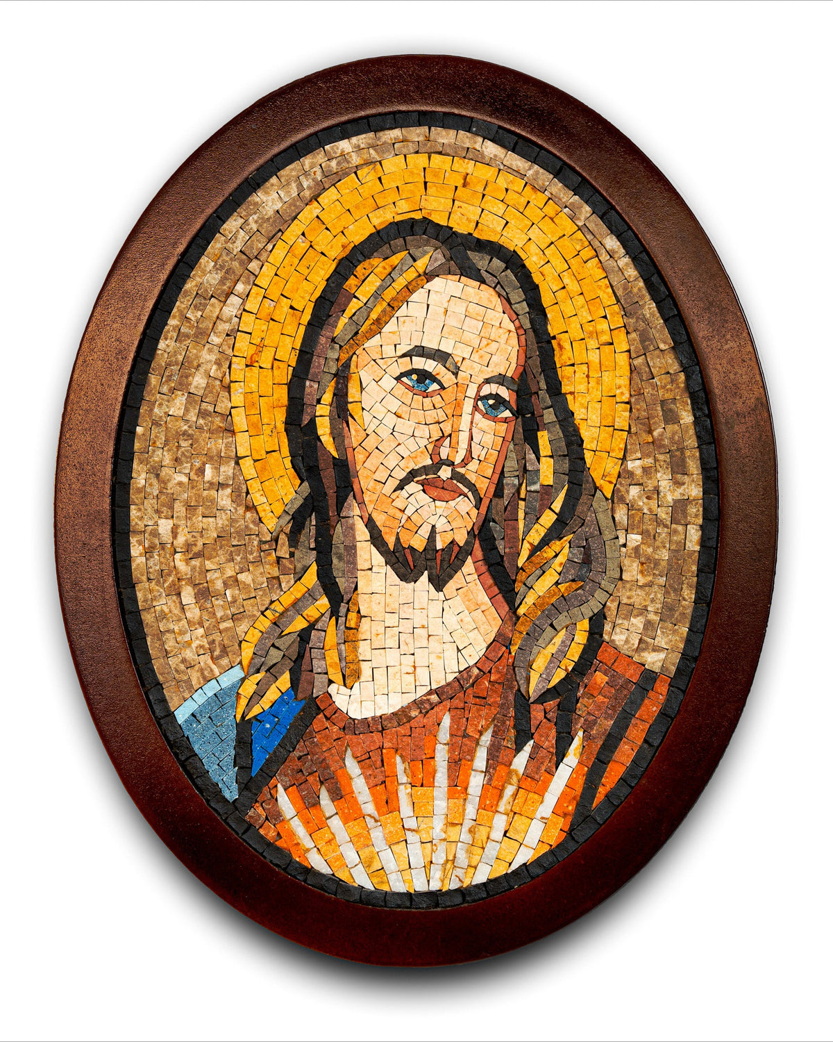 Intricate mosaic artwork depicting a serene figure with flowing hair and a radiant halo, framed in an oval wooden border.
