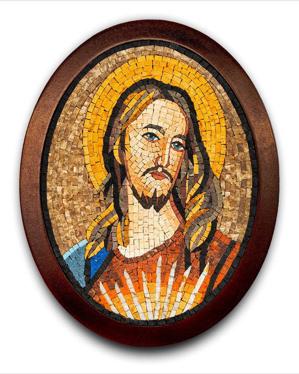 Intricate mosaic artwork depicting a serene figure with flowing hair and a radiant halo, framed in an oval wooden border.