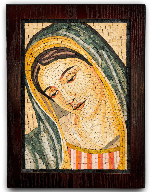 Intricate mosaic artwork featuring a serene figure with a patterned shawl — crafted with vibrant ceramic tiles on a wooden frame