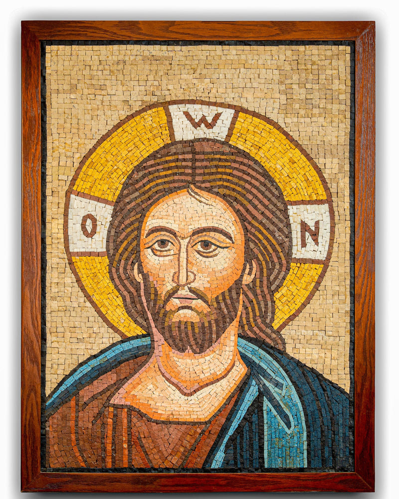 Intricate mosaic artwork of Christ with a golden halo and vibrant colors — detailed craftsmanship on a wooden frame.